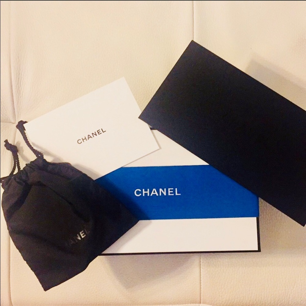 Chanel Gift Box w/ Blue Ribbon, Card, Pouch, Paper